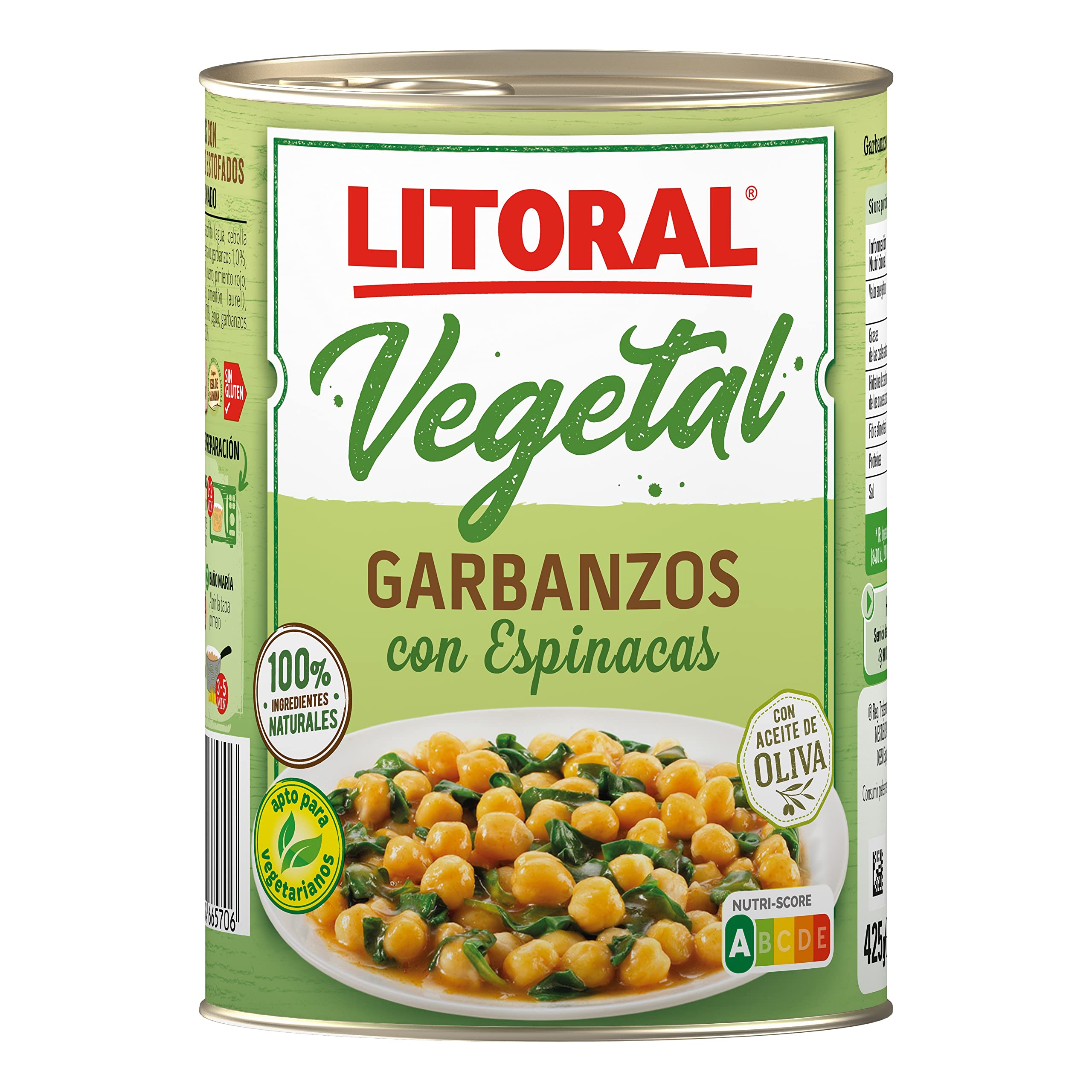 LITORAL Vegetal Garbanzos con Espinacas - Plato Preparado Sin Gluten - Pack de 10x425g - Total: 4.25kg & Hoy Legumbres Lentejas con su sofrito - Paquete de 15 x 425g (Total: 6.375 kg)