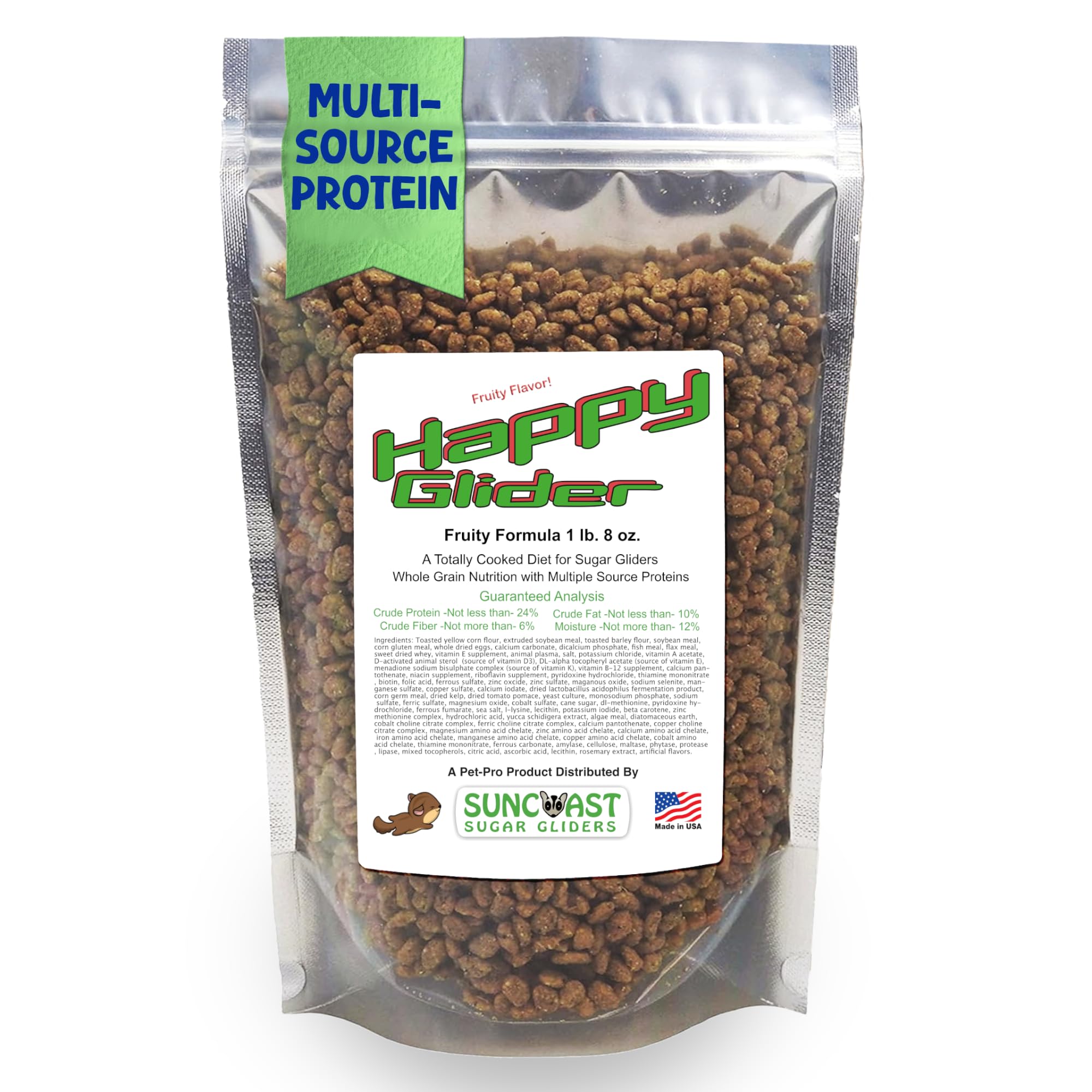 Happy Glider Premium Sugar Glider Food - High Protein, Calcium, Vitamins and Minerals, Complete Nutrition for Small Animals and Exotic Pets, 2 Months Supply - Fruity, 1.5 lbs