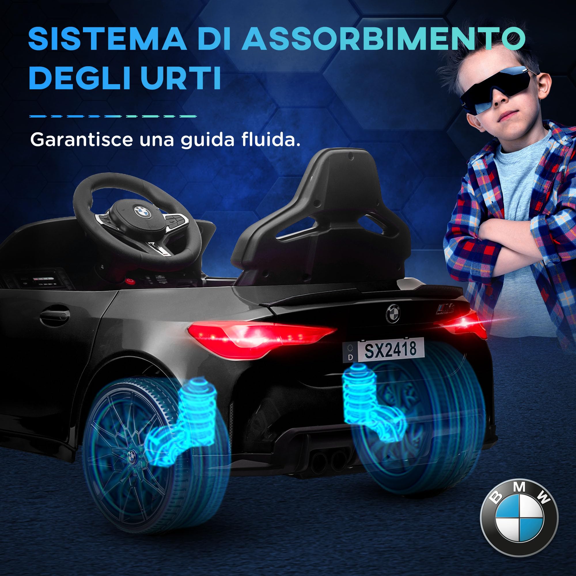 AIYAPLAY Macchina Elettrica per Bambini 12V Licenza BMW M4, 2 Motori Nera | Auto Elettrica per Bambini, Sospensione, Telecomando 2.4G, Clacson e Fari, 3-5km/h, Portata Max 30kg