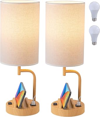 Dreamholder Table Lamp, Bedside Lamp with USB C&A Charging Ports, LED Desk Lamp with 3-Color Modes with Phone Stands, for Bedroom, Living Room, Office, Wood GrainSet of 2, Bulb Included [Energy Class E]
