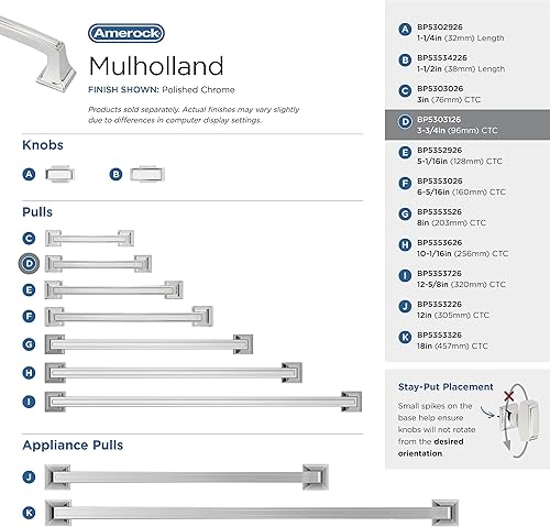 Miniatura 4 de Amerock  Mango de gabinete  Cromo pulido  3-34 pulgadas (3.780 in) de centro a centro  Mulholland  paquete de 2 unidades  Jaladera de cajón  Asa de