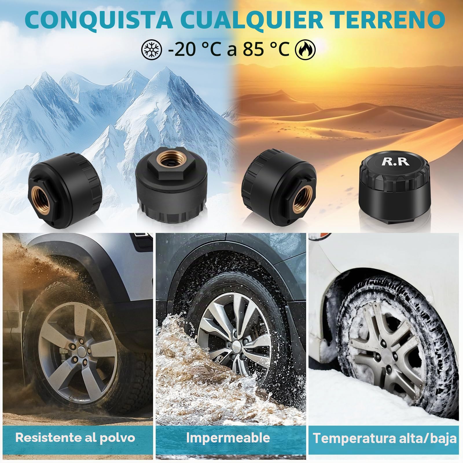 KAOLALI TPMS Sistema de monitoreo de presión de neumáticos, TPMS de visualización de Tiempo y Temperatura, Carga Solar y función de Carga USB, con 4 sensores externos de presión de neumáticos para RV