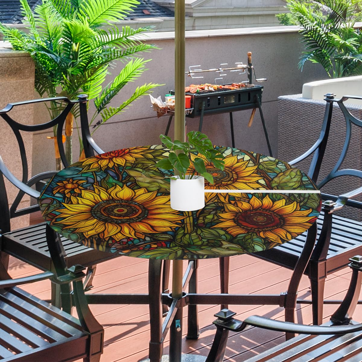 FZDXZJJ Sunflower Round Outdoor Tablecloth with Umbrella Hole and Zipper,Flowers Floral Fitted Tablecloth Elastic Edge Patio Table Cover for Spring Summer Picnic Party 36