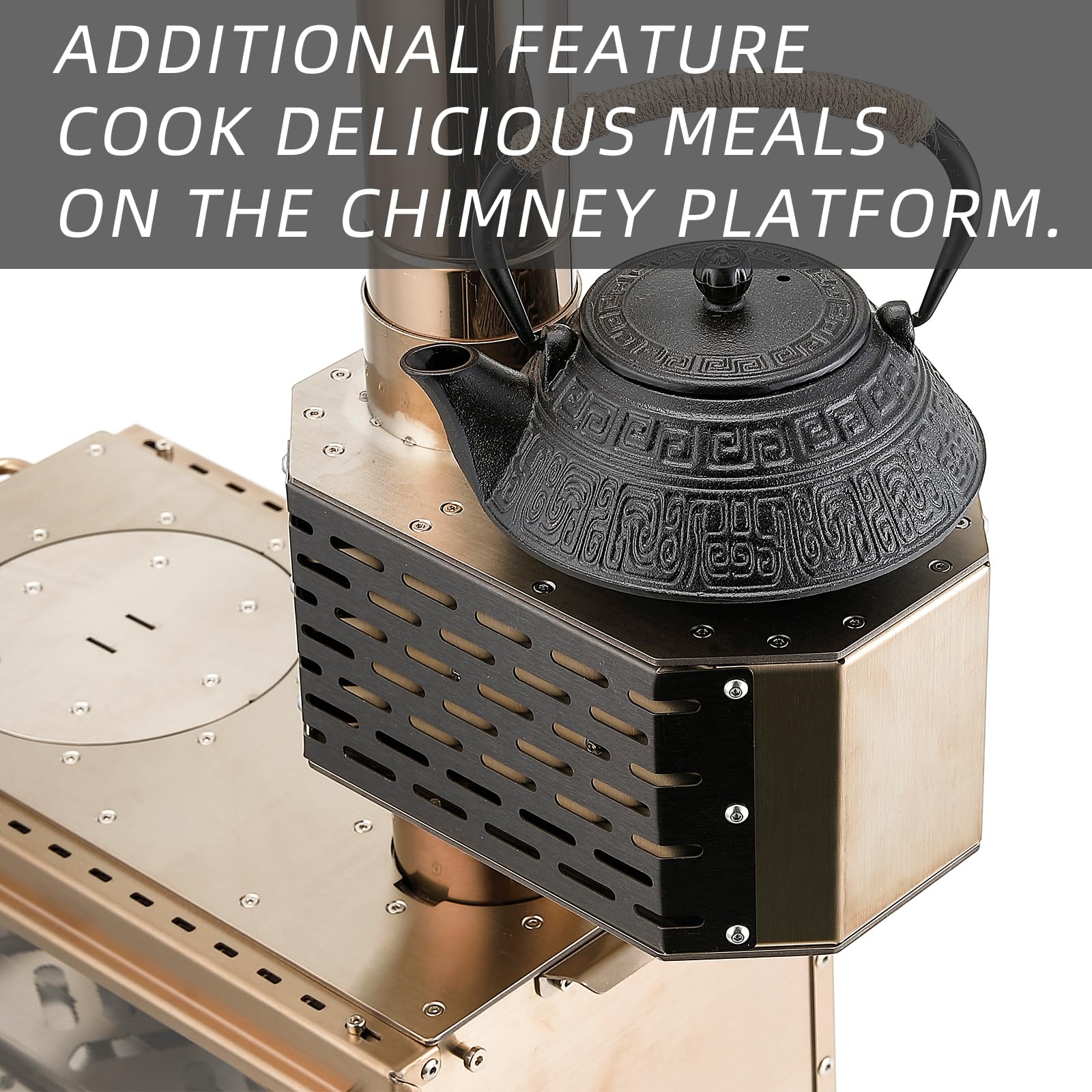 Plataforma de chimenea de acero inoxidable con supresor de chispas y plataforma de cocina, con protección de tienda, para estufas de leña con chimeneas de 2.756 in de diámetro, oro rosa 6