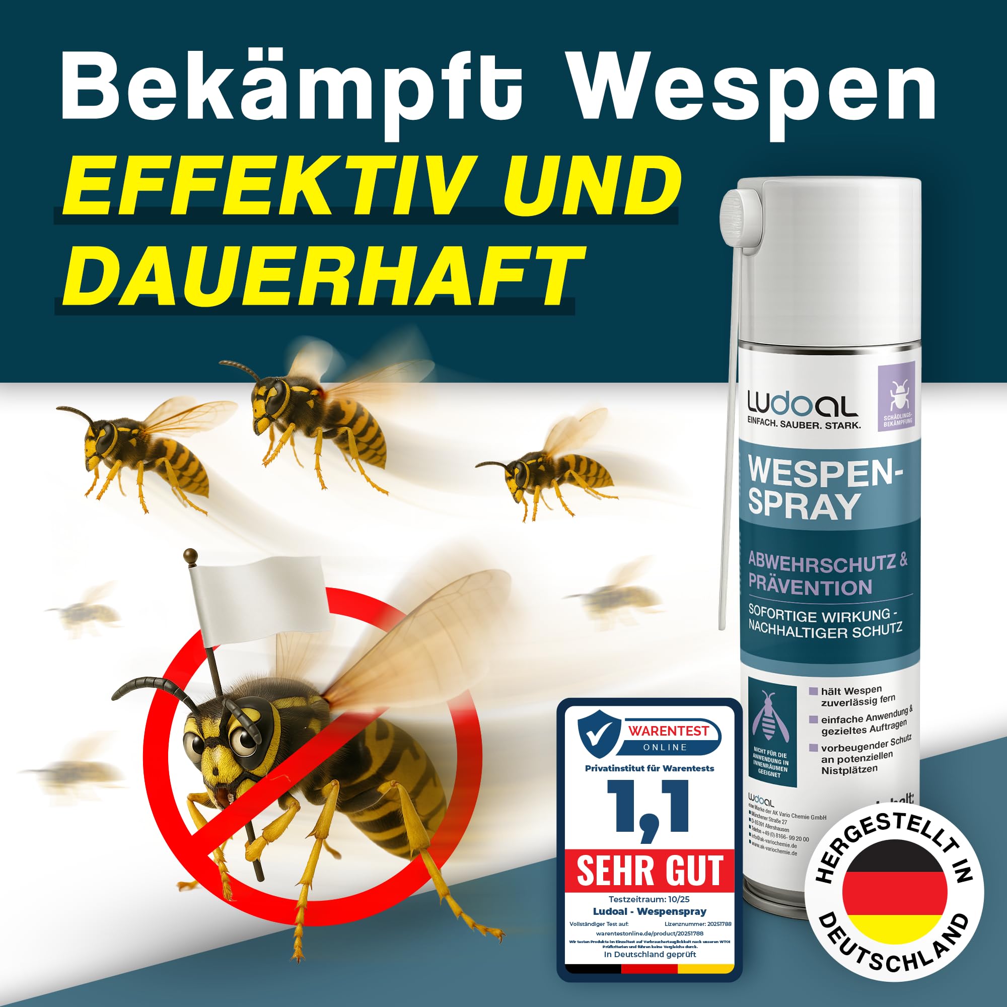 Wespenspray mit langem Sprührohr & 10x mehr Wirkstoff (2% Geraniol) – EXTRA STARK – Sofortiger Abwehrschutz mit Langzeitwirkung – 15 cm Sprührohr – Made in Germany – LUDOAL 400 ml (PT19)