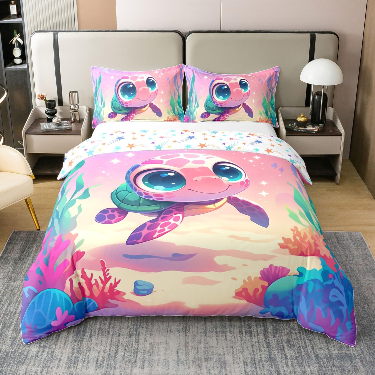 Housse de couette tortue rose 140x200 en coton pour chambre enfant kawaii