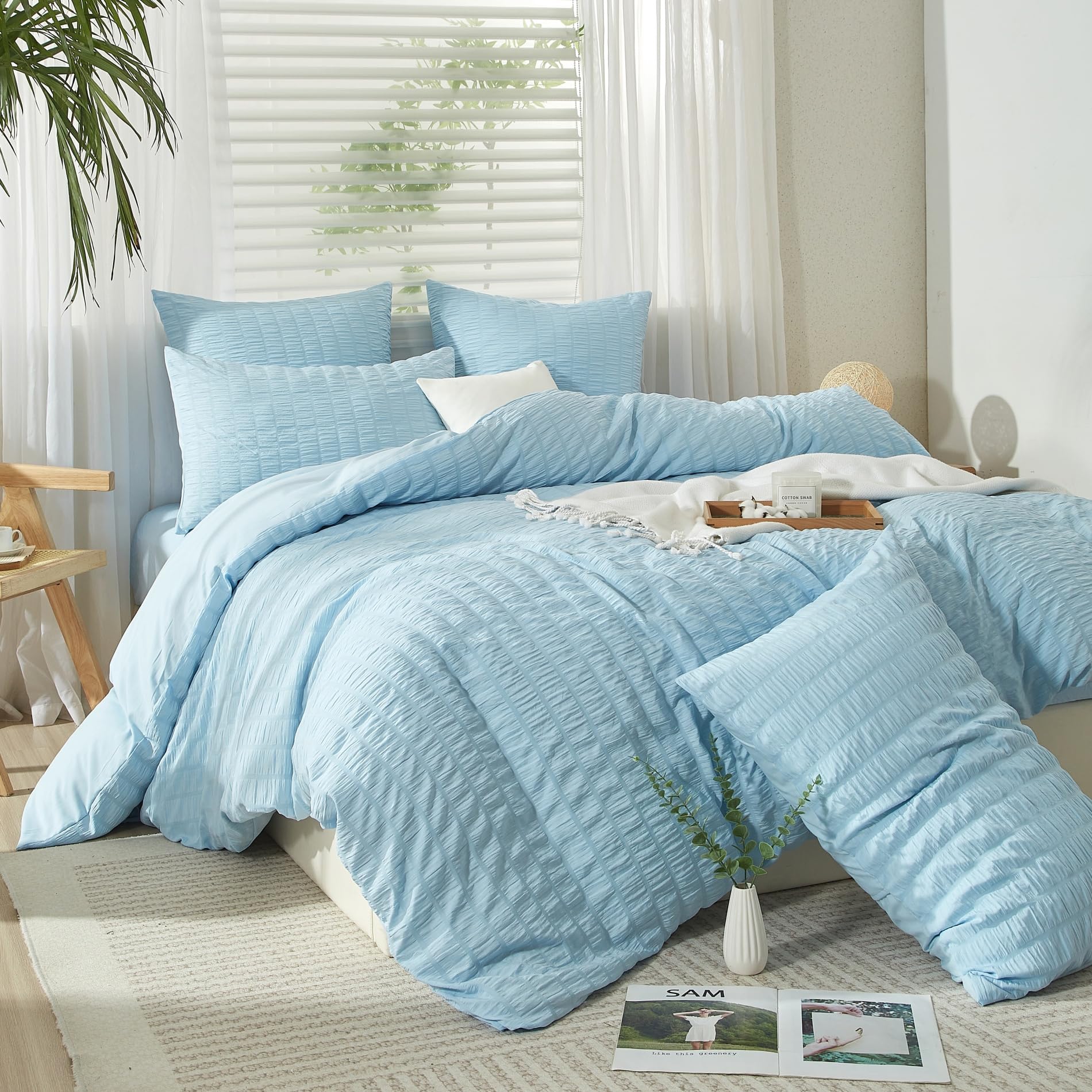 Seersucker Bettwäsche 135x200 4teilig Blau Gestreift Bettwäsche Seersucker Modern Bettwäsche Sommer Weich Atmungsaktiv Mikrofaser Bettbezug Set mit Reißverschluss und 2 Kissenbezüge 80x80 cm