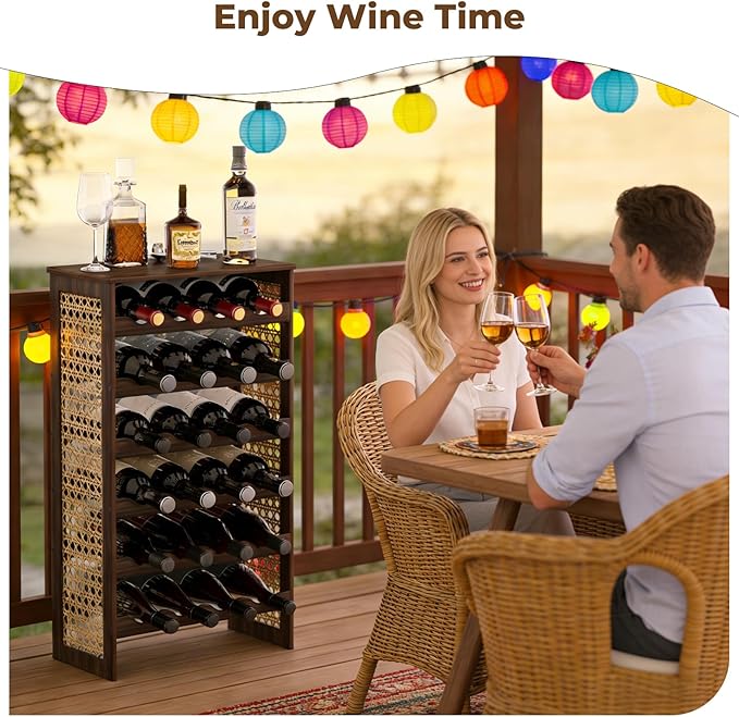 Estante para Vino 24 Botellas, Pino y Rattán, Estilo Boho, De Pie miniatura 6
