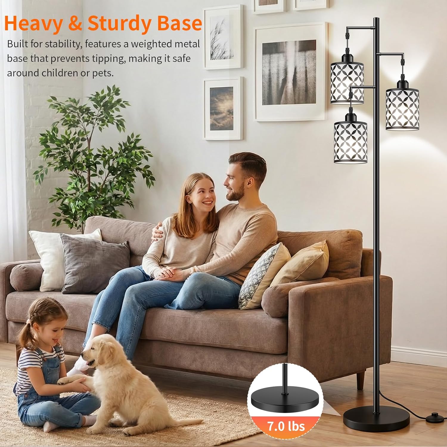 New Upgraded 72" Tall Dimmable Floor Lamp, 3 x 800LM 9W LED Bulbs Included, Farmhouse Standing Lamp with Remote Control, Industrial Tree Pole Floor Lamps for Living Room, Bedroom, Study Room - Black