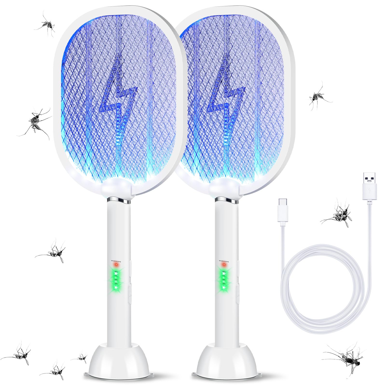 2 Pack Electric Fly Swatter 3000v Bug Zapper Racket 2 in 1 Mosquito Killer Lamp with 3 Layers Safety Mesh, 17 Inch Extra Large USB Rechargeable with 1200mah Battery for Indoor Outdoor(White)
