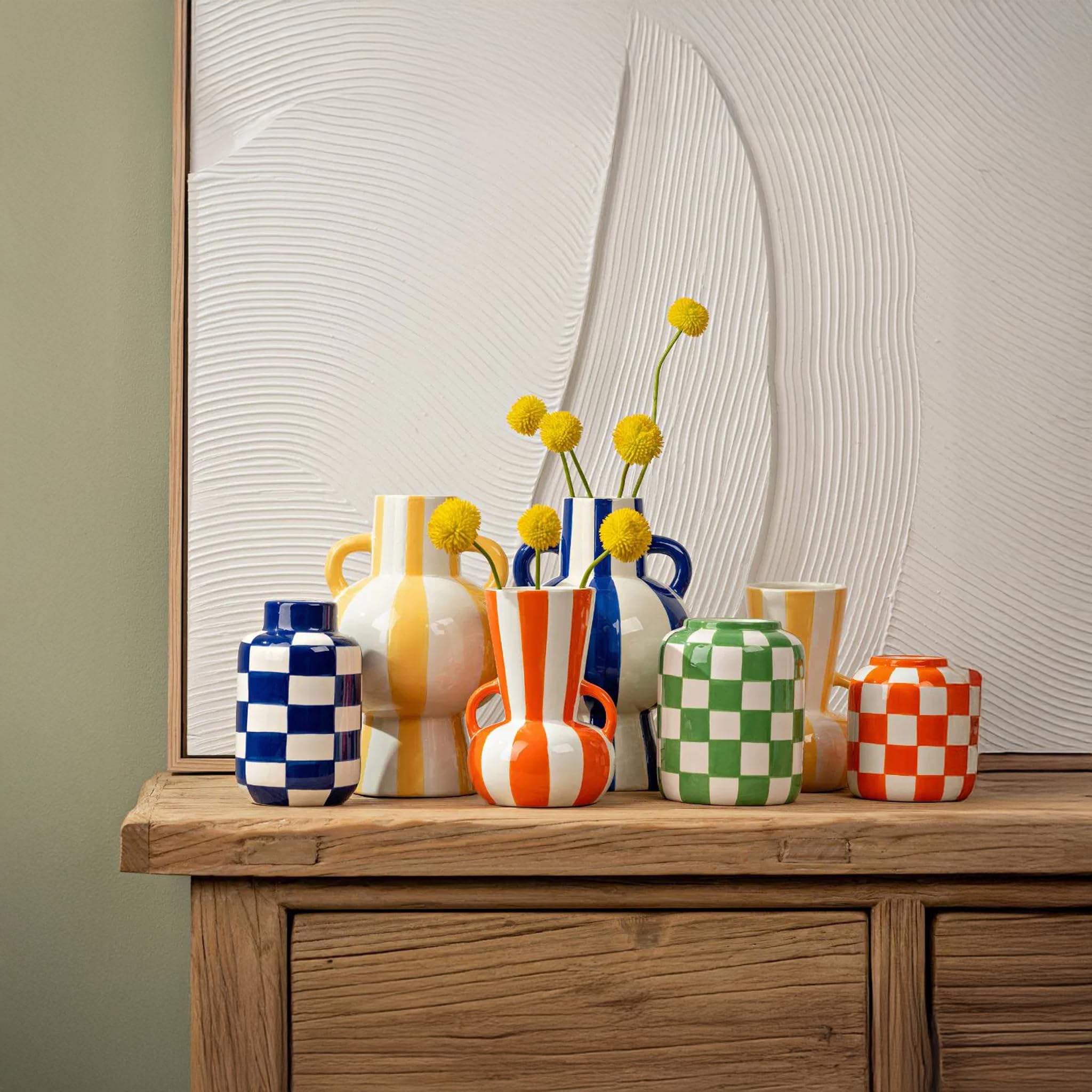 matches21 HOME & HOBBY Blumenvasen 3er Set kariert, orange, grün, blau - Moderne Keramik Vase als Wohnzimmerdeko