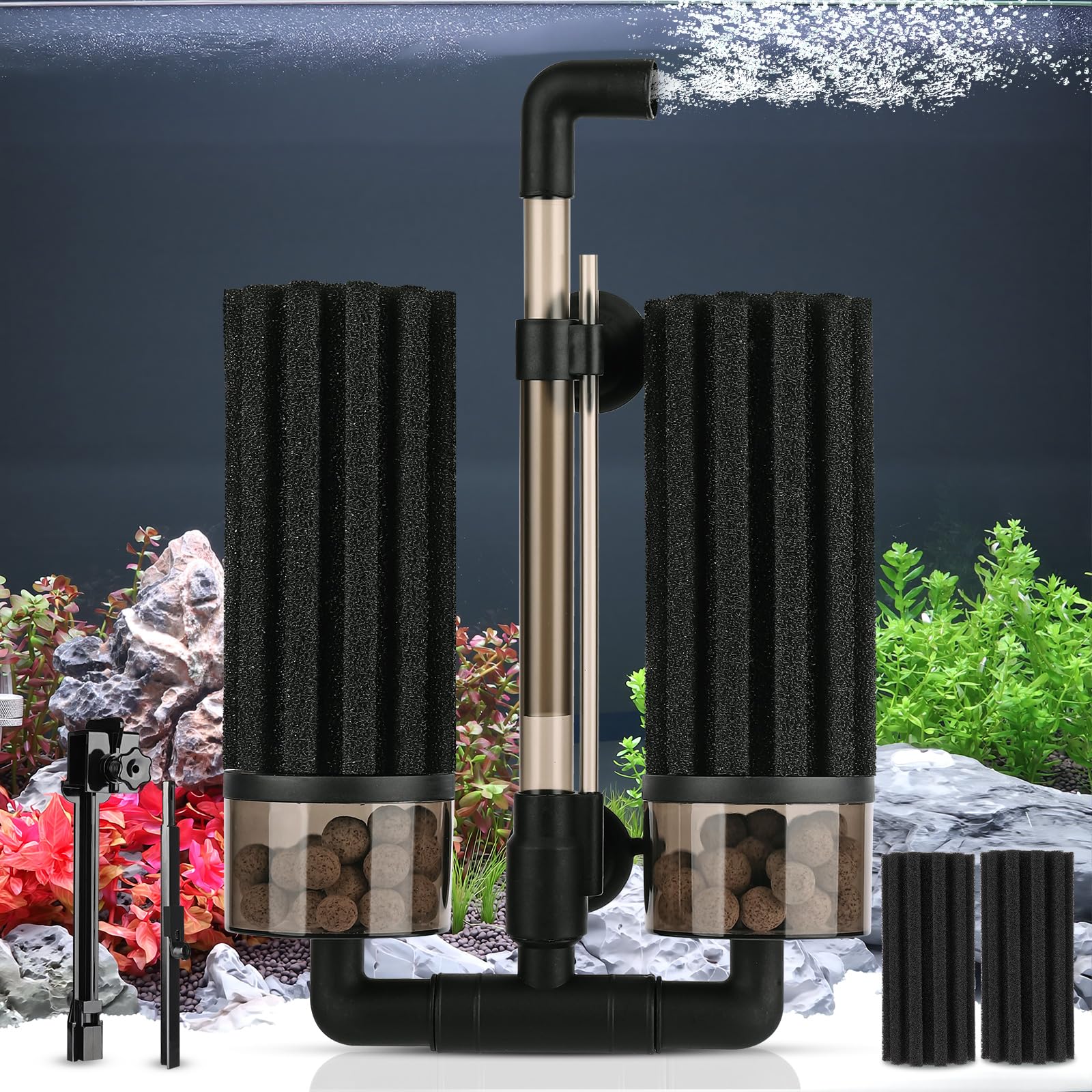 hygger Filtre à Double éponge pour Aquarium Amélioré avec Double Filtration, Pivotant et Clip Extensible Filtre à éponge Submersible d'eau Douce ou d'eau Salée Jusqu'à 208 litres