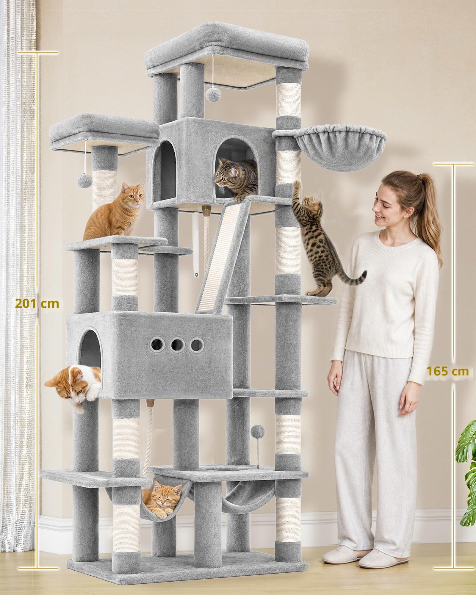 Hzuaneri Kratzbaum, 201 cm XXL Katzenbaum mit 9 Kratzsäulen, 2 Höhlen, 2 Hängematten, Große Plattform, Sisalseil, Korb, Schwerer Kratzbaum für Maine Coon, Große Katzen, Hellgrau 8320018LG