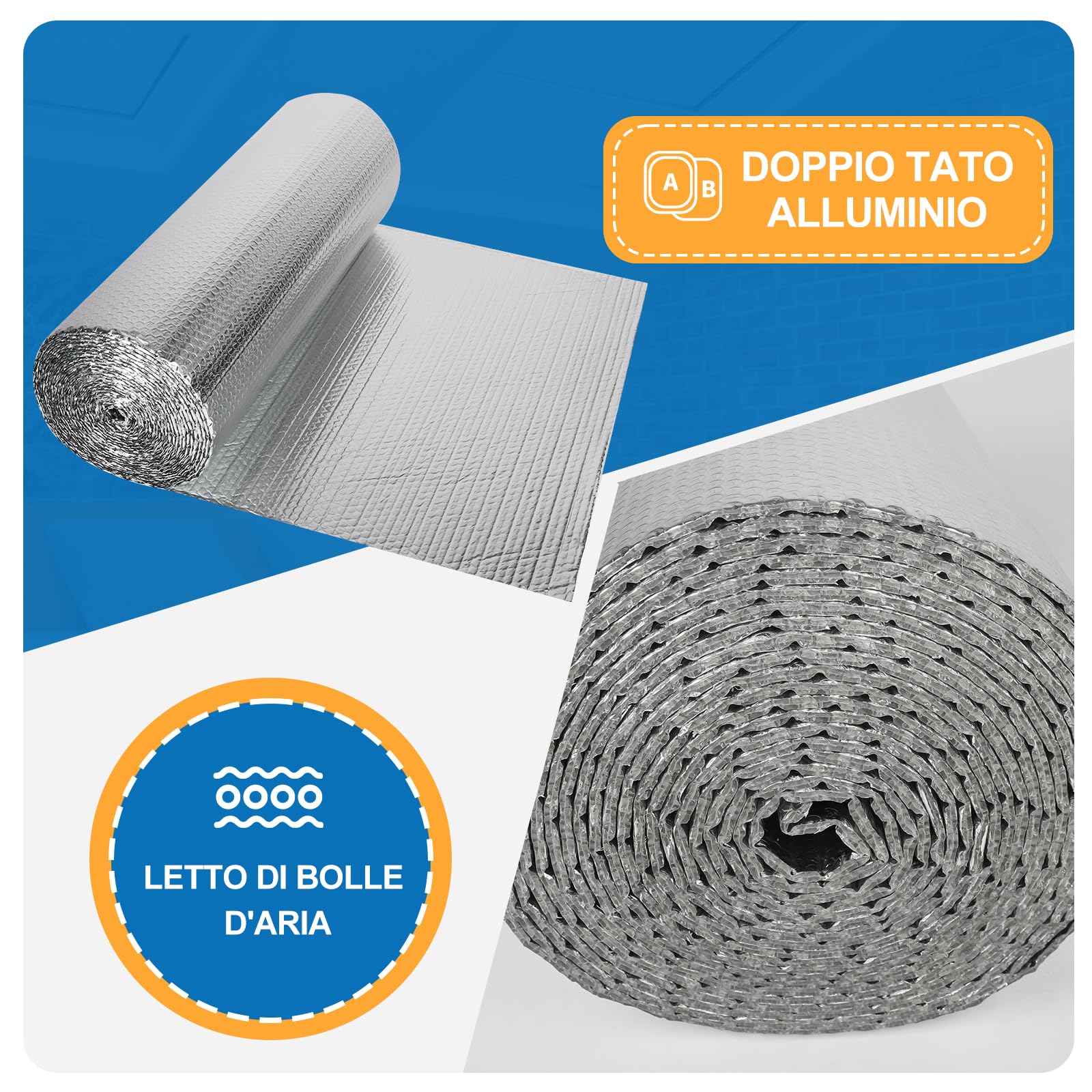 Dripex Isolante Termico 60cm x 10m, Pannelli Isolanti Termici per Interni di Alluminio Bifacciale a Bolle 4mm, Termico e Termoriflettente per Radiatori, Porte, Finestre, Pavimenti, Tetti