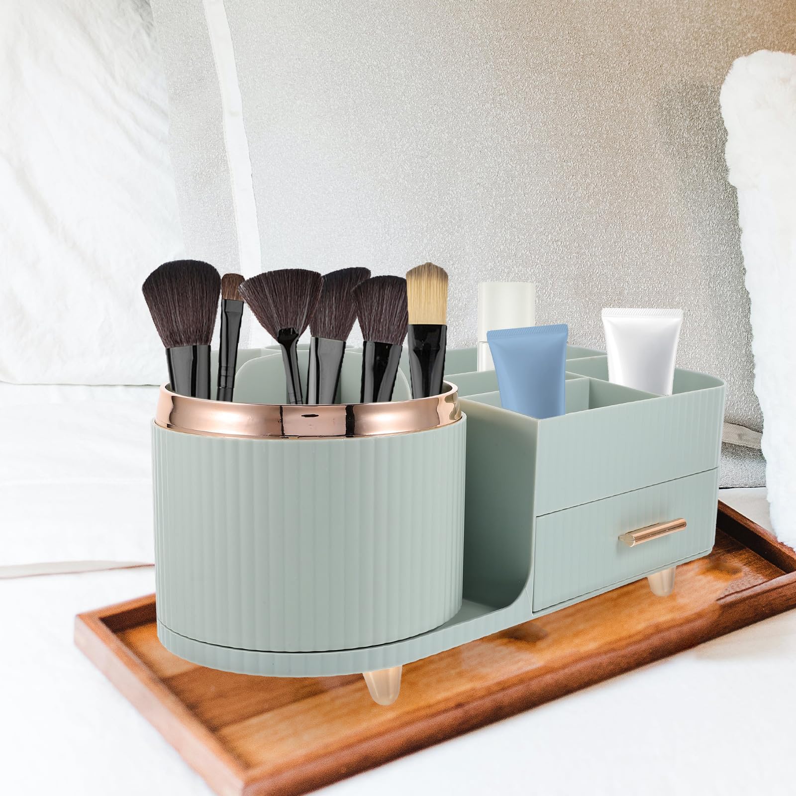 SHINEOFI Großer Make Up Pinsel Behälter aus Kunststoff mit Drehbarem Design und Praktischem Fach für Make Up Organizer und Kosmetikaufbewahrung Am Schminktisch