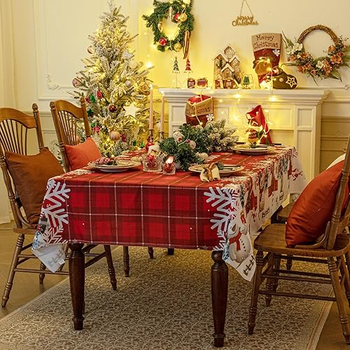 Miniatura 8 de Softalker Mantel rectangular de Navidad  Mantel de poliéster lavable a cuadros rojos con diseño de copo de nieve y copo de nieve para comedor,
