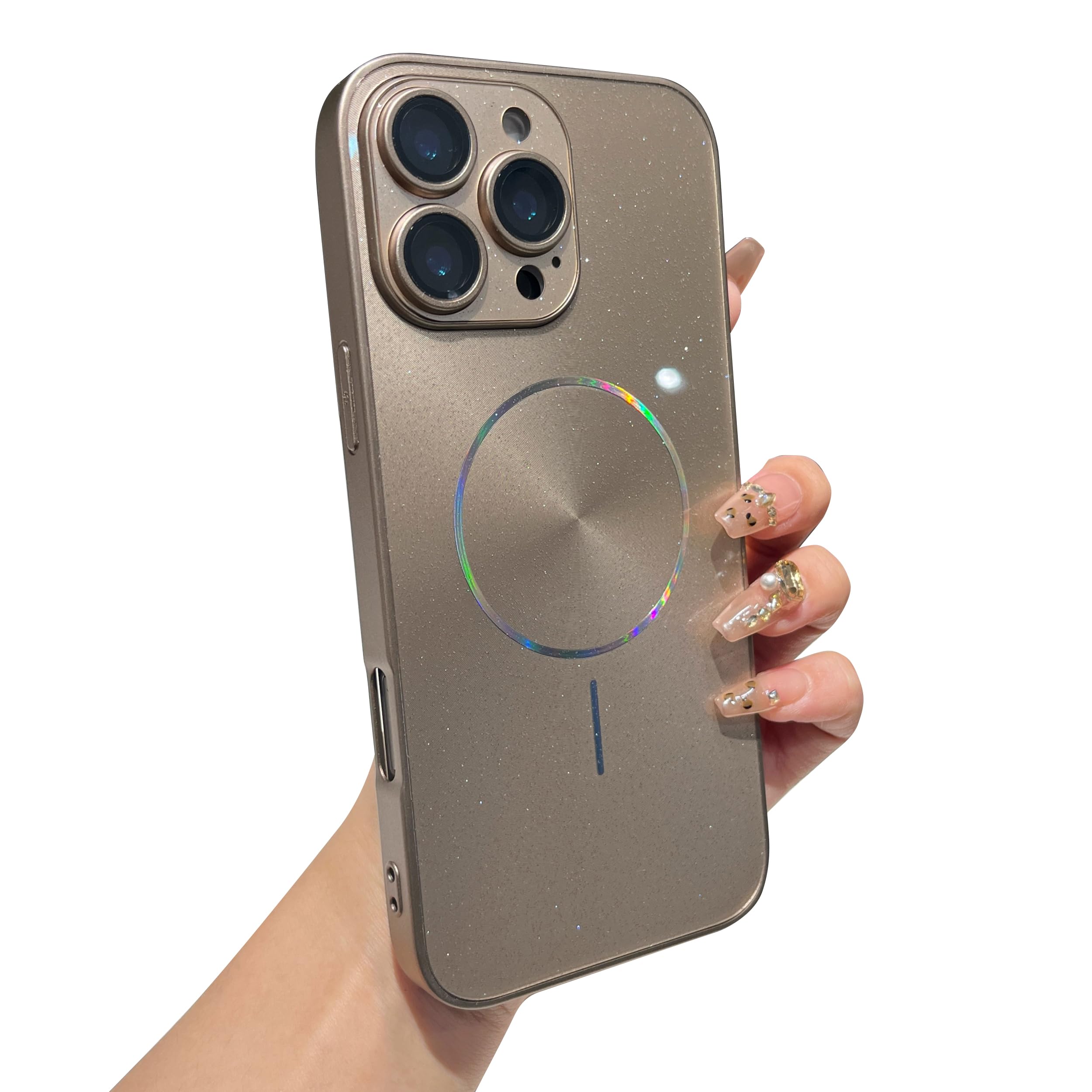 Compatible MagSafe iPhone 16 Pro Max étui magnétique marron à paillettes