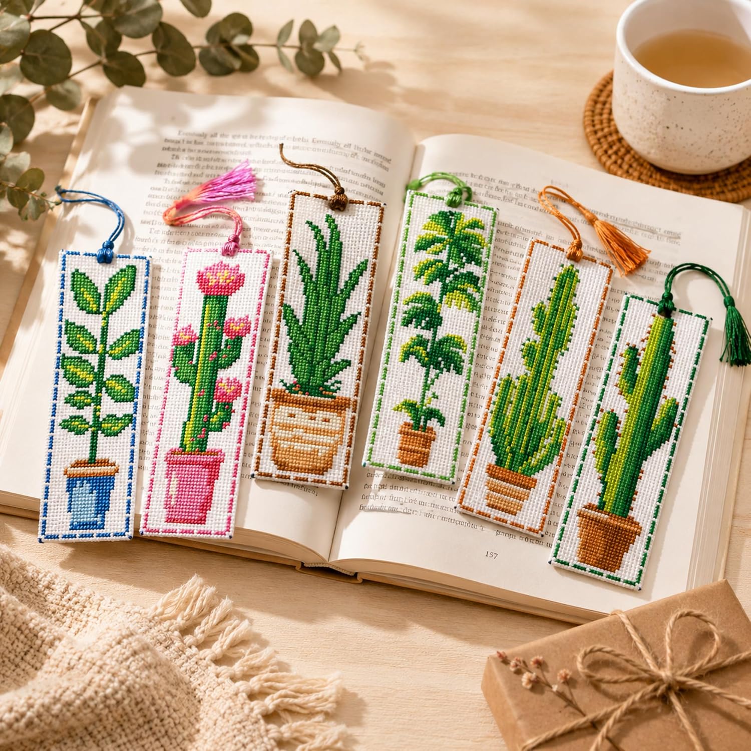 Zhenqing Cactus Stamped Cross Stitch Bookmark Kit, 6 Botanical Plant Designs on 11CT Fabric for Beginners, Book Lover Gift