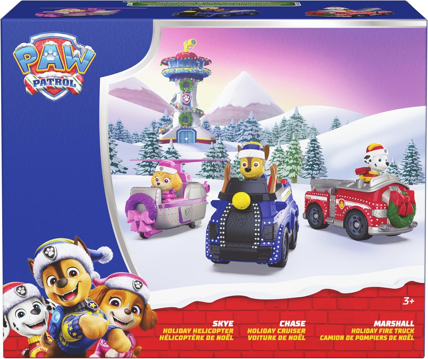 Paw Patrol Holiday Vehicle Bundle, Holiday-Themed Chase, Marshall & Skye Action Figures & Rescue Vehicles, Kids Toys for Boys & Girls Ages 3 & Up