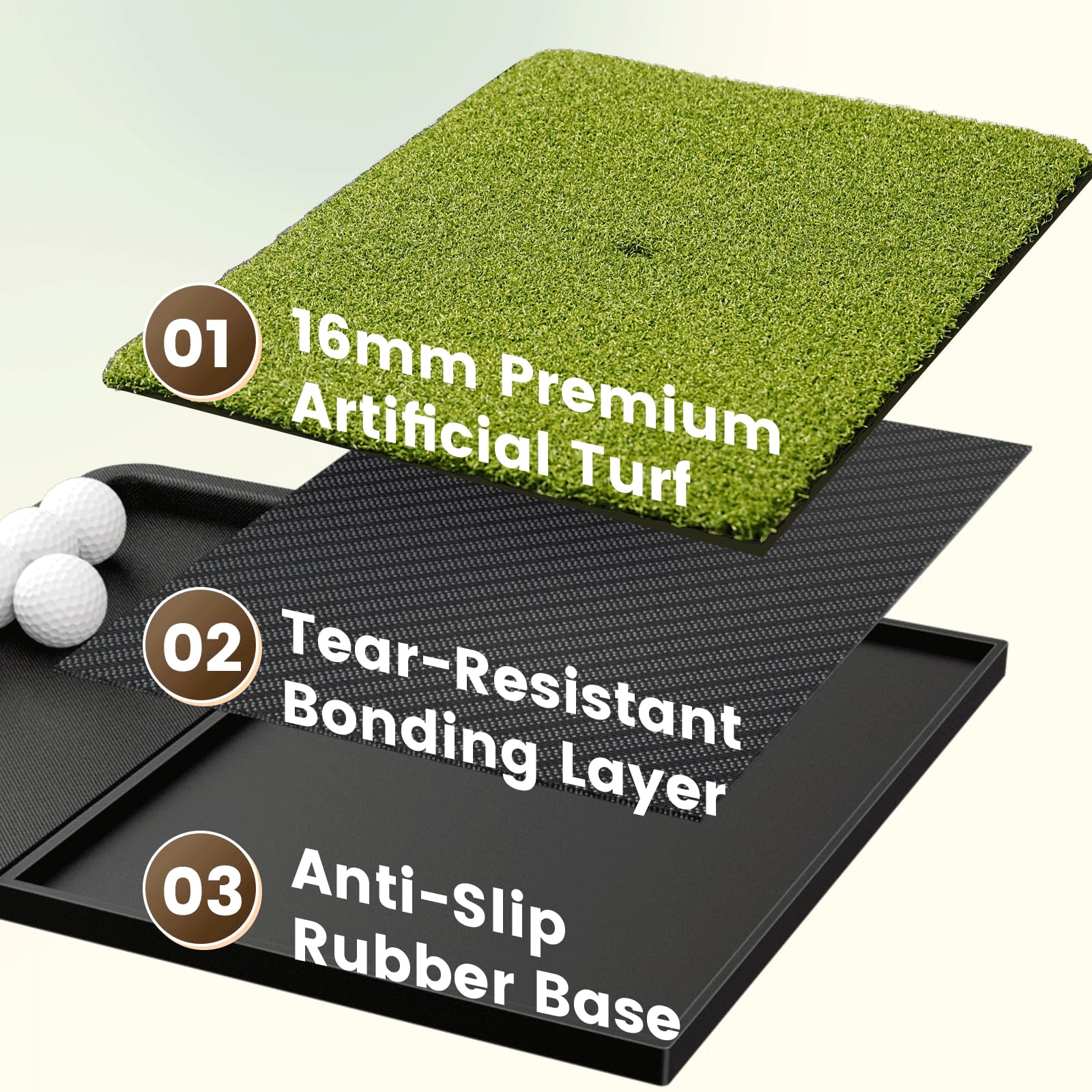 Golf Abschlagmatte mit Ballablage – Trainingsmatte für Garten, Balkon & Driving Range, rutschfest mit Gummi-Tee für Driver, Eisen & Chippen