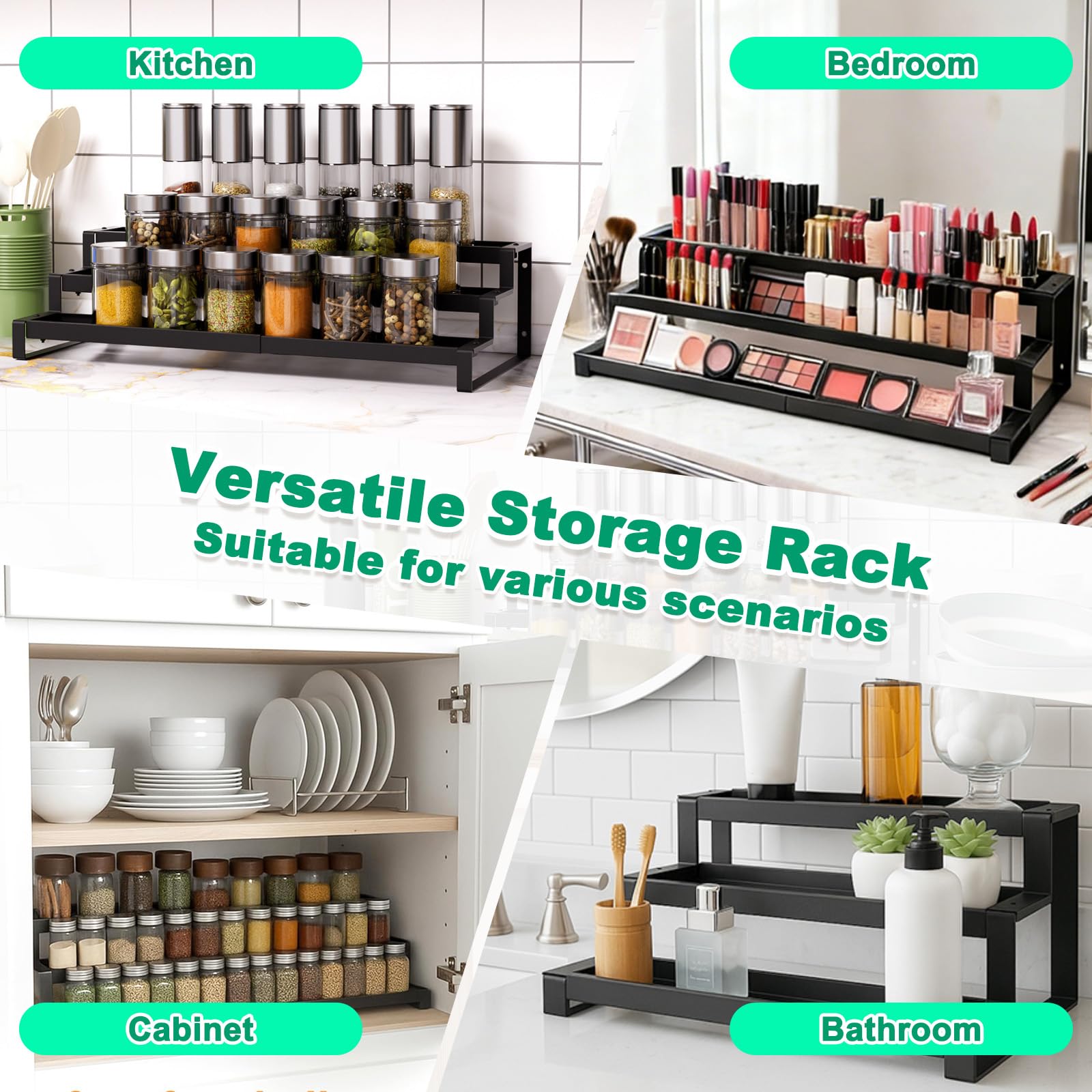 Étagère Rangement Épices Cuisine avec 3 Niveaux, 37–67 cm Porte Épices en Métal Conception Escalier Pratique Largeur Extensible et Réglable pour Range Armoire, Comptoir, Garde-Manger, Salle de Bain