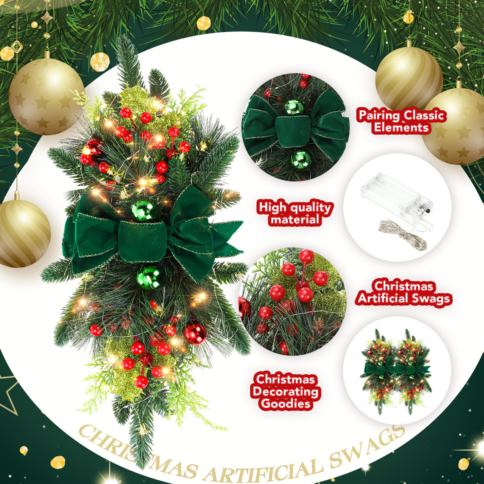 Lyrow Paquete de 4 guirnaldas artificiales de Navidad de 24 pulgadas de Navidad, sin cordón, para escalera, corona, puerta, escalera, guirnalda de Navidad para decoración al aire libre del hogar y