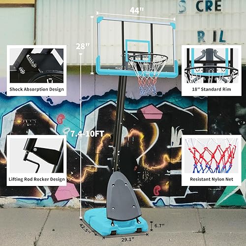 Miniatura 2 de Aro de baloncesto portátil para interiores y exteriores, altura ajustable, 7.4-10 pies, sistema de portería de baloncesto con tablero de 44 pulgadas