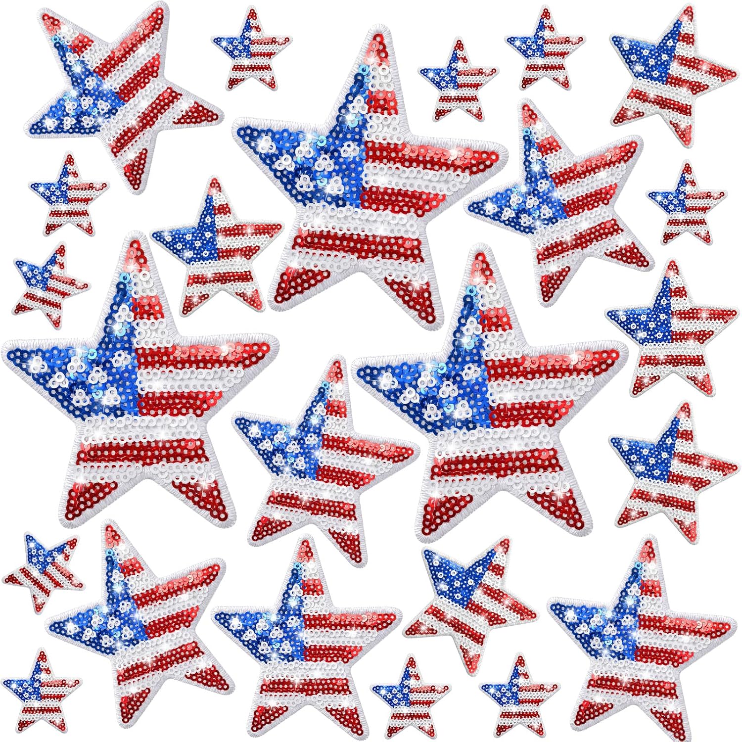 Remagr 24 Pcs Sequin Iron on Patches Glitter Patches Embroidered Decorative DIY Crafts Accessories for Clothing Bags Jackets Jeans Hats Backpacks Costume (Red,Blue,White,4 Sizes,USA Star)