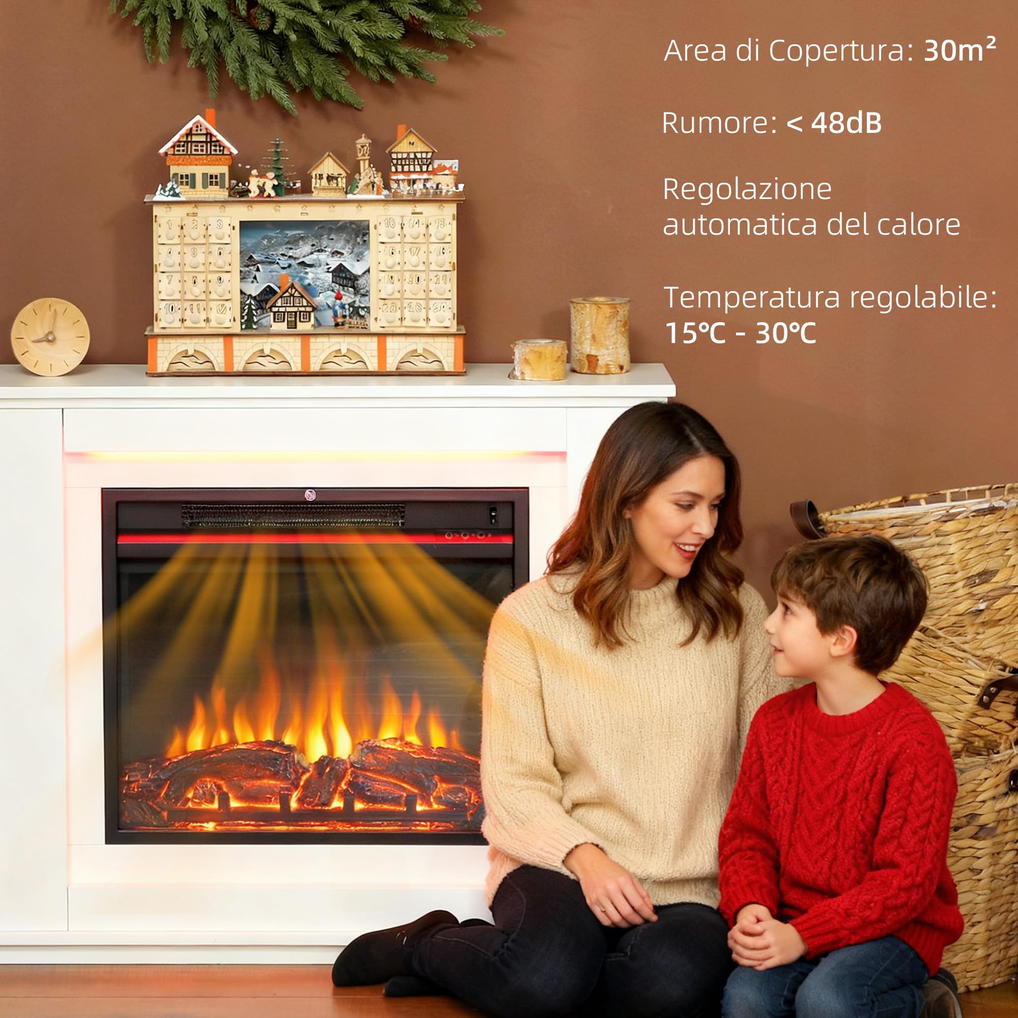HOMCOM Camino Elettrico da Incasso Effetto Fiamma 3D 2000W 30㎡ Bianco | Realistico, Caminetto Elettrico Silenzioso, Luce 12 Colori, Termostato, Riscaldamento Regolabile, Timer, Telecomando