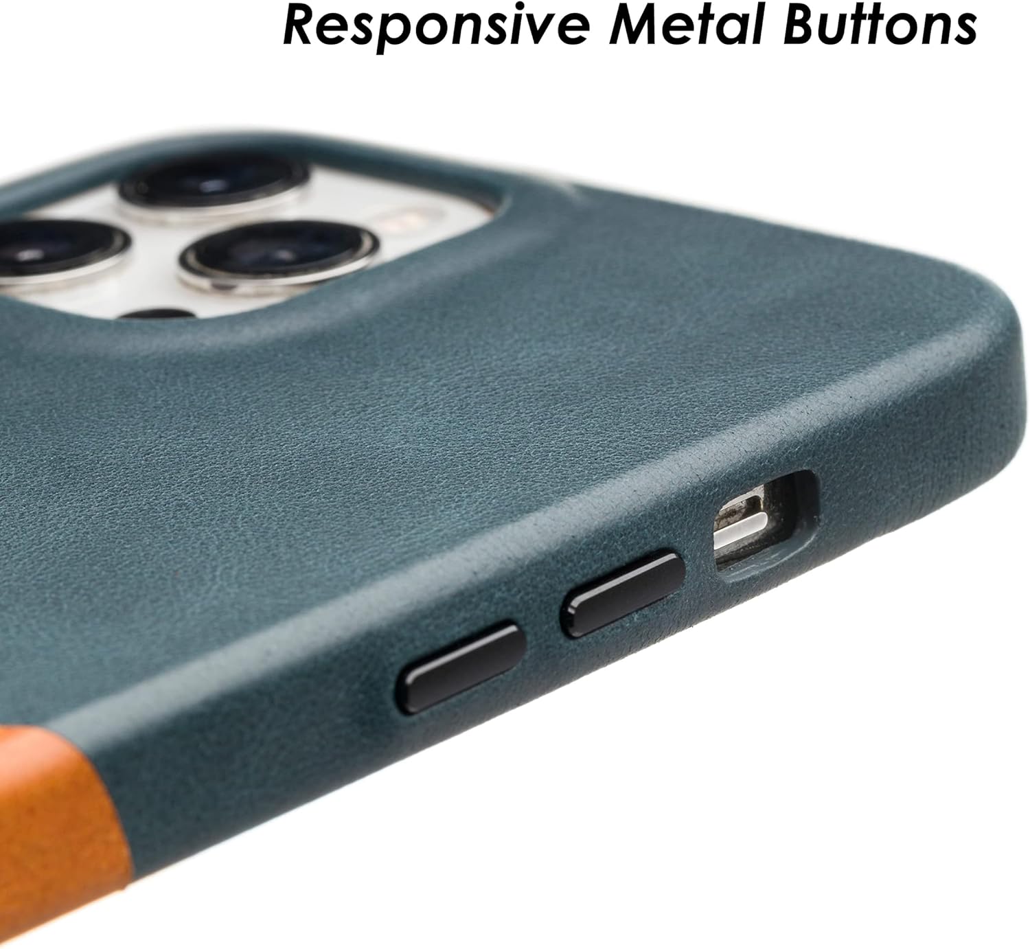 Wilken Leather Slim Phone Case Compatible with iPhone 14 Pro Max | Compatible with MagSafe & Wireless Charging | Premium Top-Grain Leather Cover with Metal Buttons (14 Pro Max, Tan/Blue) - Image 3