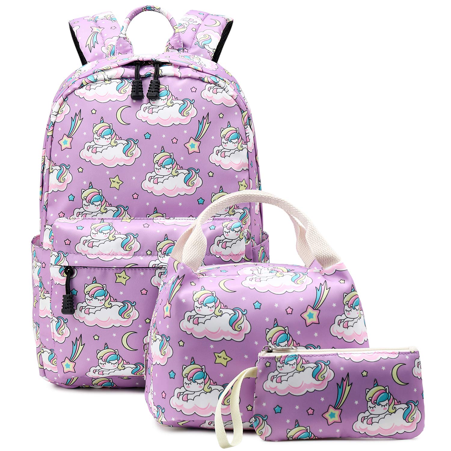 Lightweight Unicorn-Themed School Backpack Set for Girls with Matching Lunch Bag | Cute Purple Design Perfect for Kids | Everyday Use | Outdoor Adventures | School Supplies Pack of 3