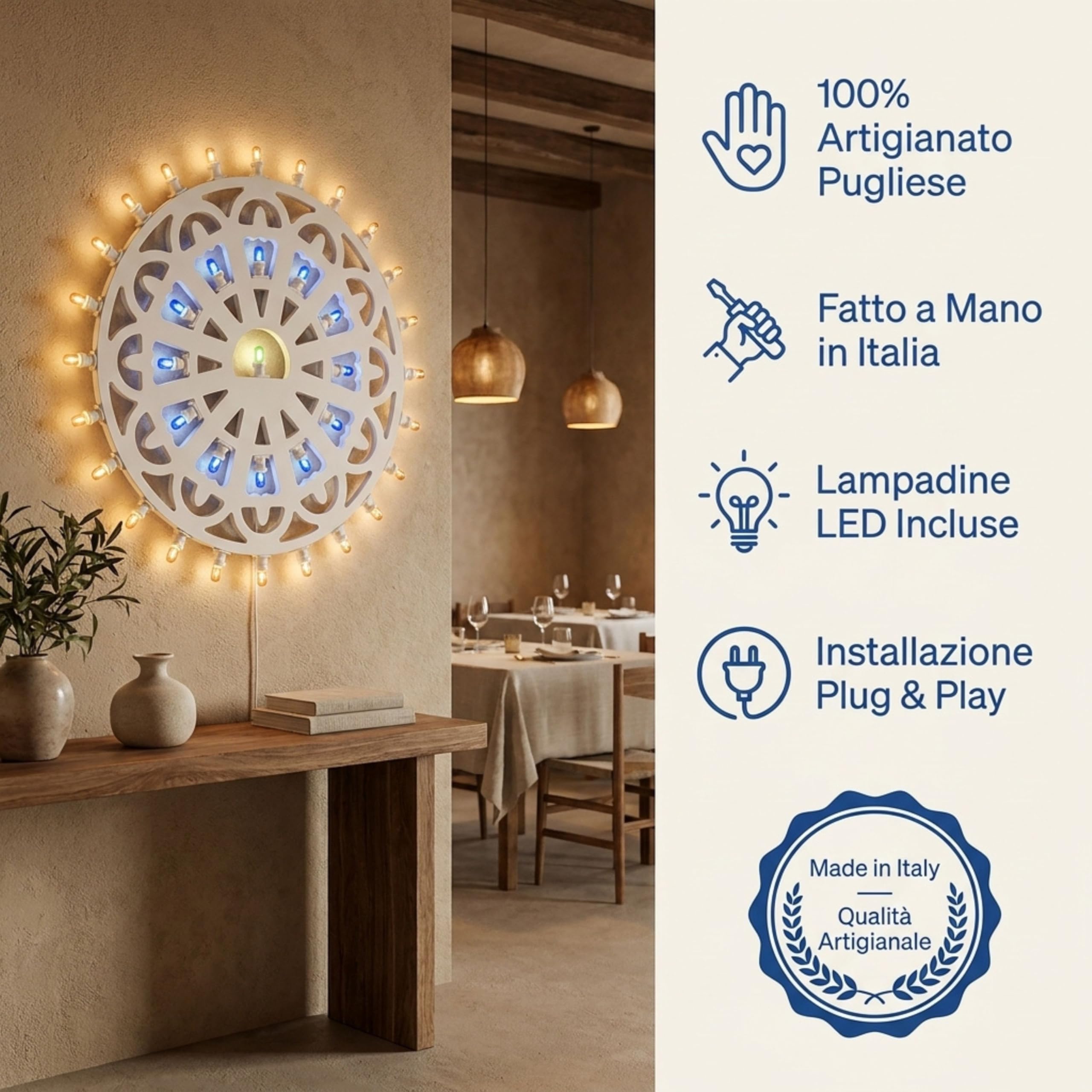Luminaria Pugliese da Parete – Rosone Luminoso LED Artigianale Made in Italy – Applique Decorativa Forex Bianco Luce Calda – Lampada Salentina Tradizionale Puglia