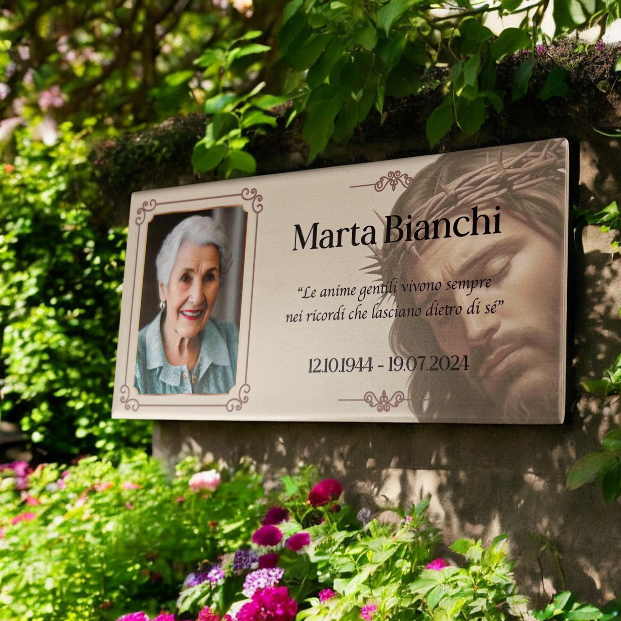 Targa Commemorativa Personalizzabile Gres Porcellanato Modello Gesù Misura 10x20 cm per Lapide Personalizzata, Foto Ceramica per Targa cimitero, con Foto, Nome, Date e Dedica