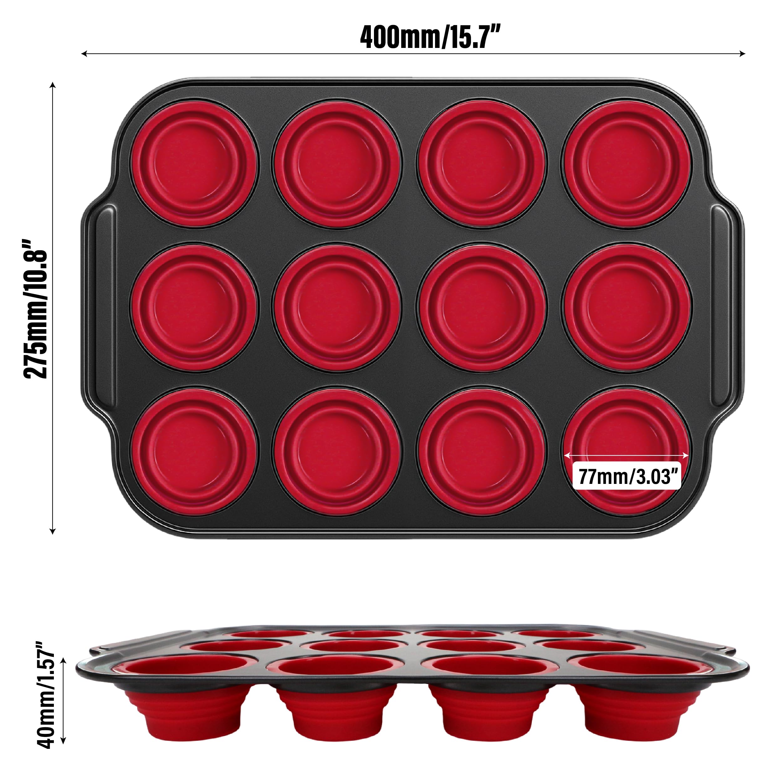 2024 Silikon-Muffinform, roter Metallrahmen, Muffinform, Eierbissen, Cupcake-Form, ofen- und spülmaschinenfest, Mini-Muffinformen zum Backen, antihaftbeschichtet, 12 Stück
