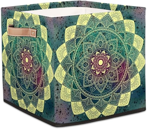 Miniatura 1 de Modern Mandala 13 x 13 x 13 Inch Cube Storage Bins Floral Geometric Ombre Fabric Foldable Storage Cubes Basket Boxes with PU Handles for Shelves