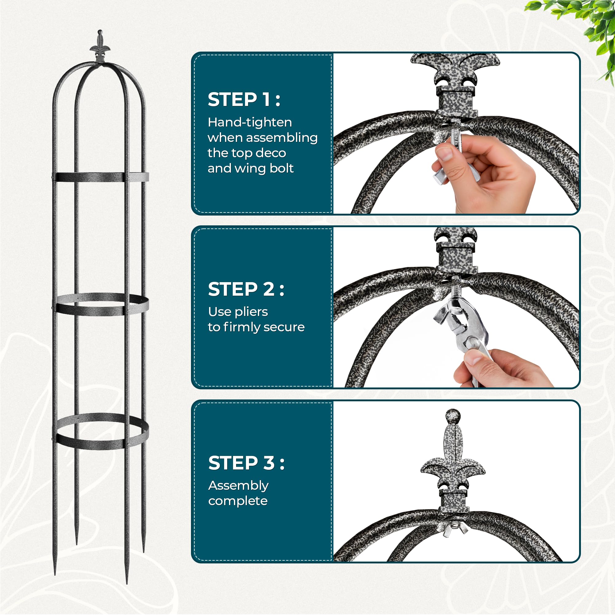 Idzo Treillis obélisque 100% métal pour Plantes grimpantes d'extérieur 1,8 m à 182,9 cm, Treillis de Jardin Noir Robuste pour Vigne grimpante avec revêtement en Pierre, 1 pièce