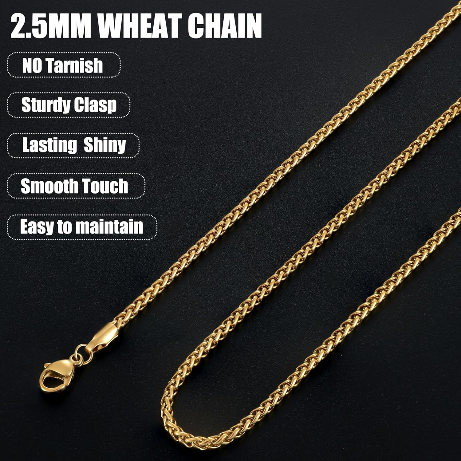 Fiusem Black Wheat Chains for Men and Women, 2/2.5/3/4/5mm Stainless Steel Necklace Chain, Mens Necklace Jewelry Gift 16-28 Inch - Image 3