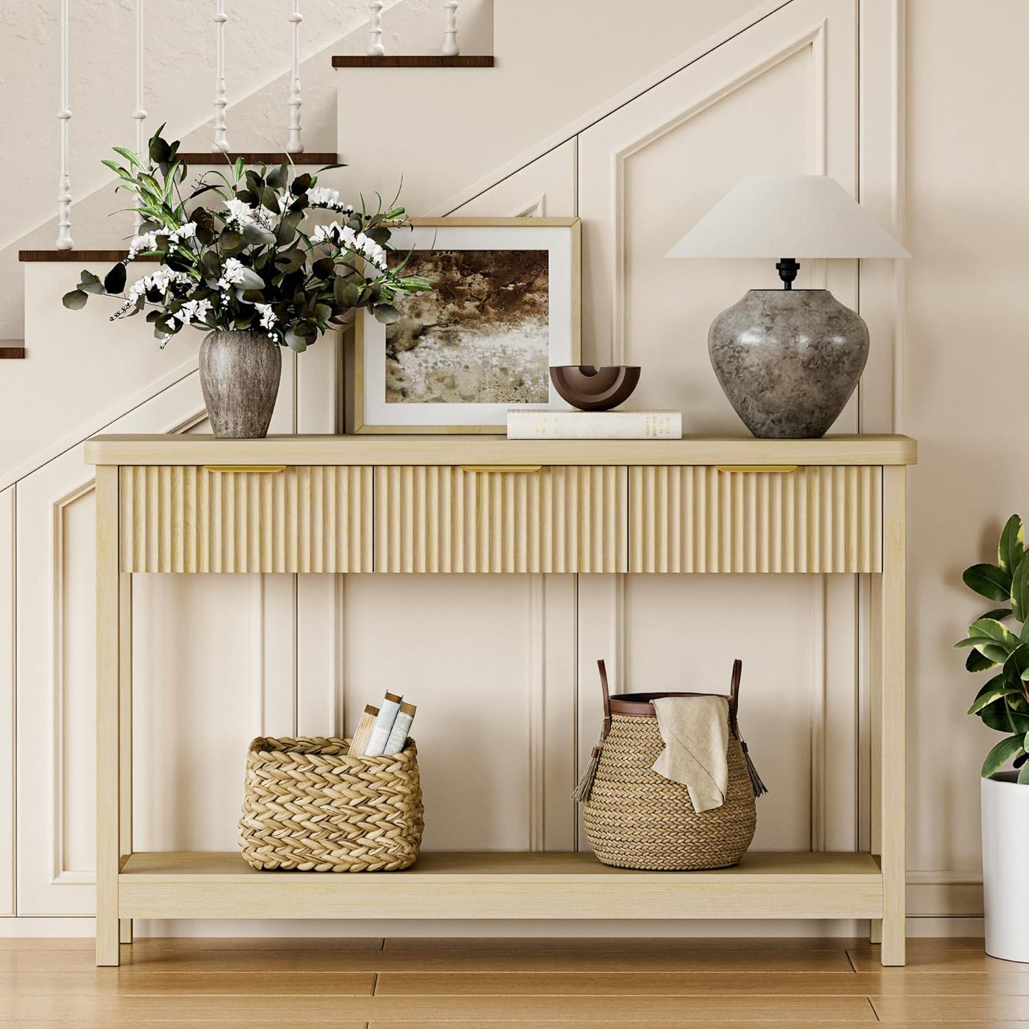 Lulive 51" Fluted Console Table for Entryway, Entryway Table with 3 Wooden Drawers, Farmhouse Behind Sofa Table for Living Room, Hallway, Couch, Foyer