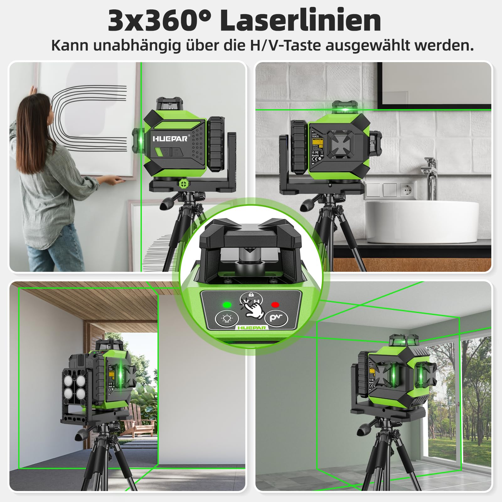 Huepar 3 x 360 Kreuzlinienlaser Selbstnivellierend, Laserwasserwaage grün 3D mit Pulsmodus, 12 laserliner mit wiederaufladbarem, integrierter Magnethalterung und Hartschalenkoffer 703CG