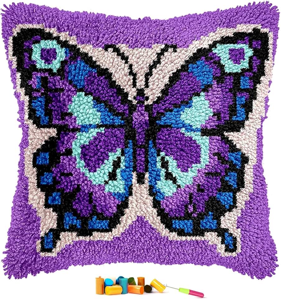 EMISTEM Latch Hook Kits for Adults - Latch Hook Pillow Kits, Crochet Yarn Kit for Beginners, Cross-Stitch Embroidery Cushion Cover Case with Printed Canvas. (Purple Butterfly,17x17 inch)