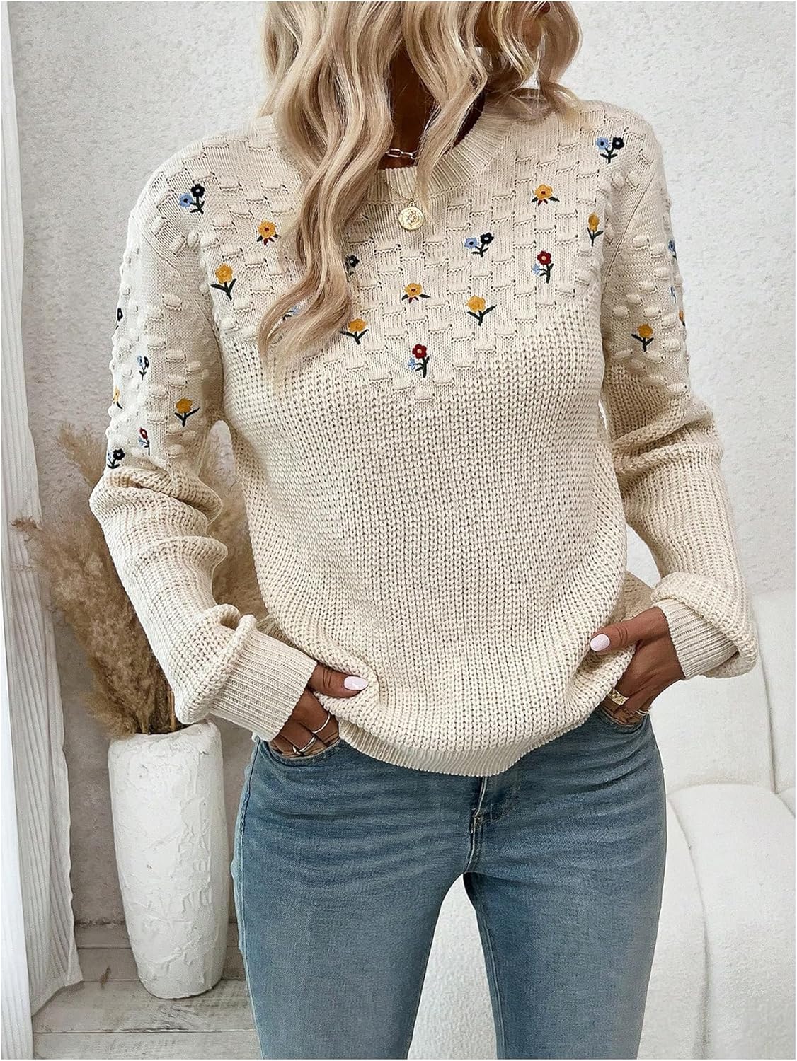 GORGLITTER Women's Fall Crochet Sweaters Lightweight Floral Long Sleeve Embroidered Knit Flower Cute Sweater Tops - Image 6