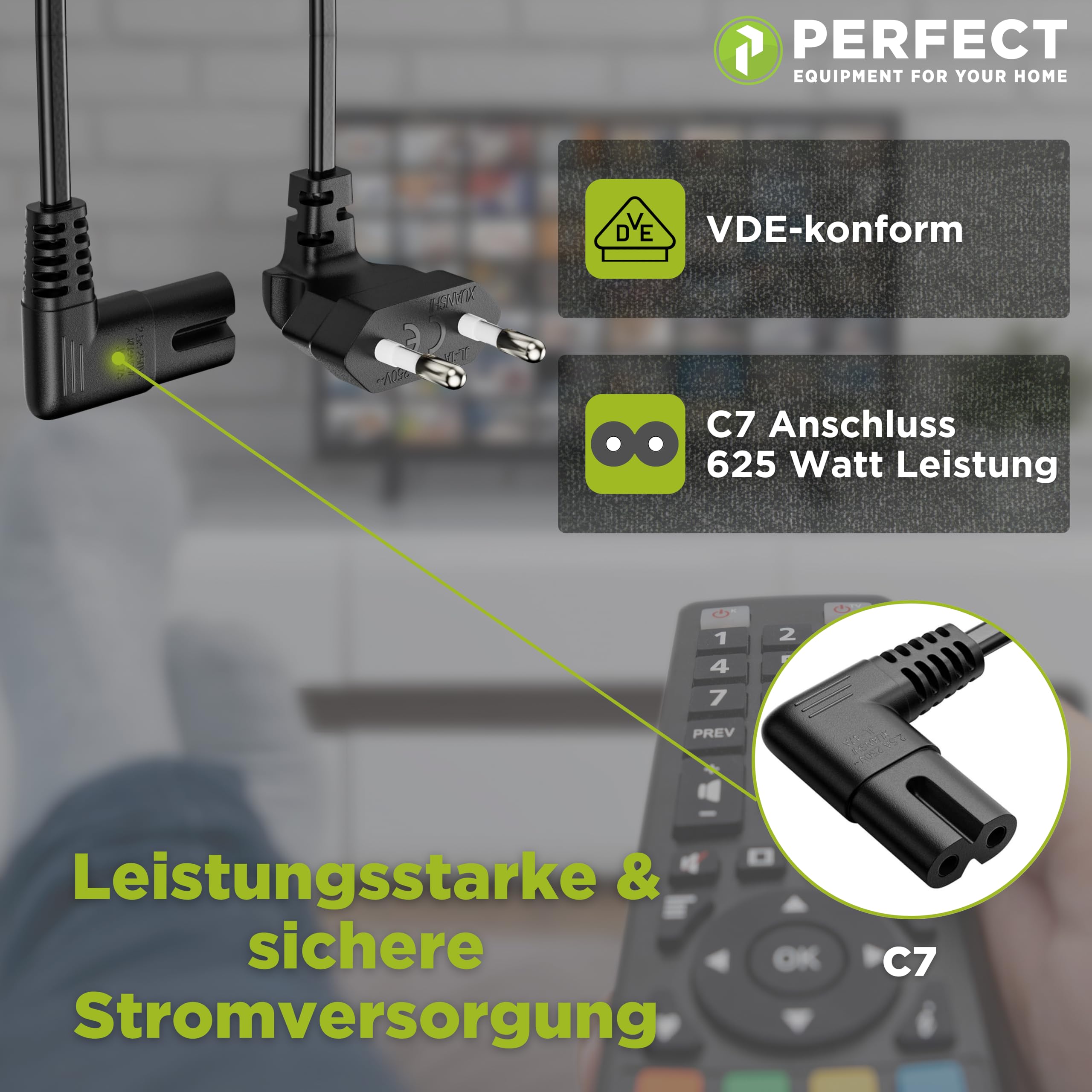 Perfect kabel zasilający, 2-biegunowy, 3 m, wtyczka euro typu C na Euro 8, gniazdo IEC C7, kąt 90°, zasilacz sieciowy do urządzeń gospodarstwa domowego, PS3, PS4, PS5, TV i wielu innych