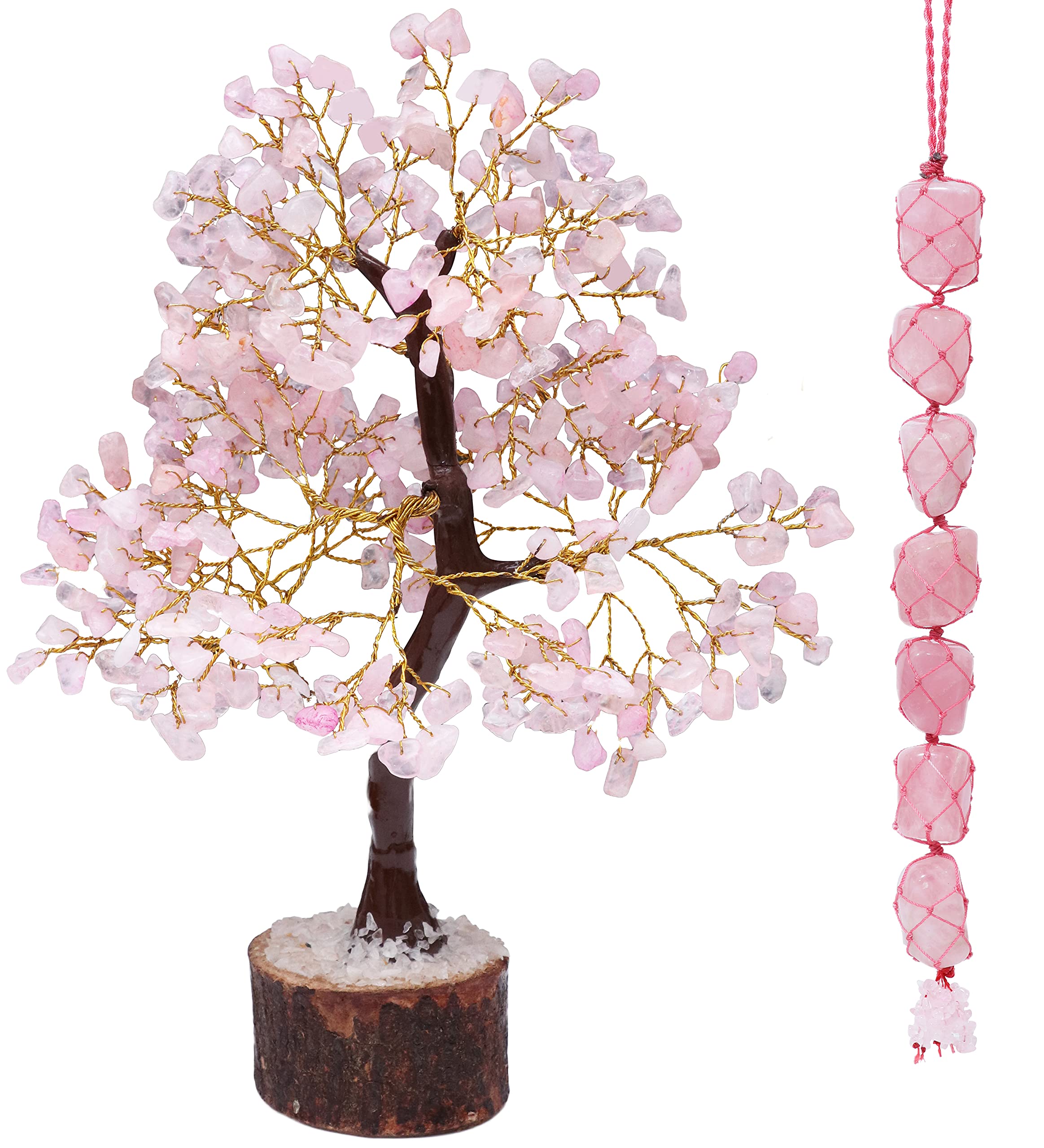 Crocon Rose Quartz Gemstone Tree with Tumble Stone Car Hanging Feng Shui Bonsai Ornament Figurine Reiki Healing Crystals Decoration Sculpture Wealth Prosperity Table Room Decor Gift Size: 10-12"
