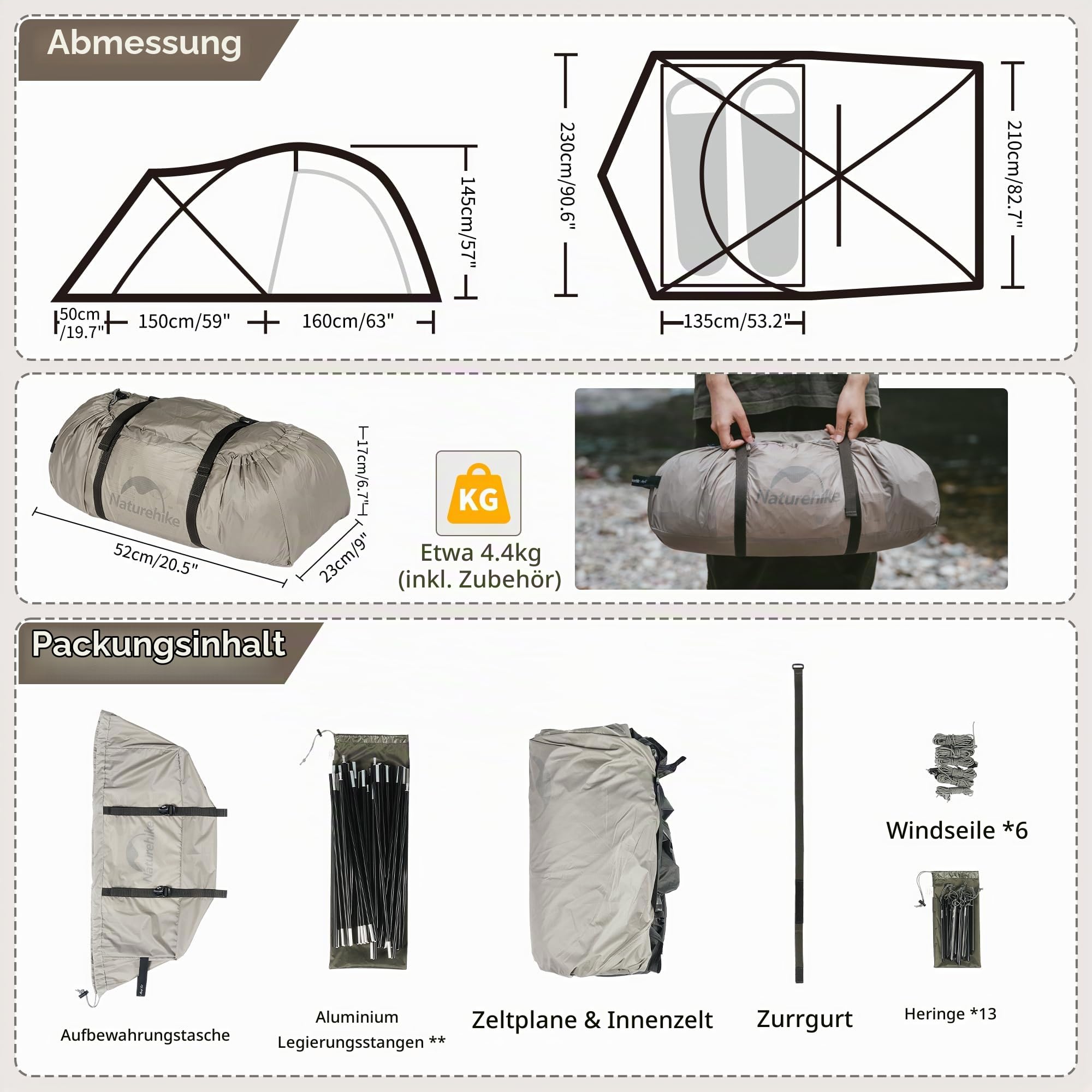 Naturehike Tunnelzelt Wasserdichtes Zelt 2-4 Personen mit Markise Familienzelt Camping Zelt aus einem Schlafzimmer und einem Wohnzimmer für Camping, Autofahrt, Outdoor