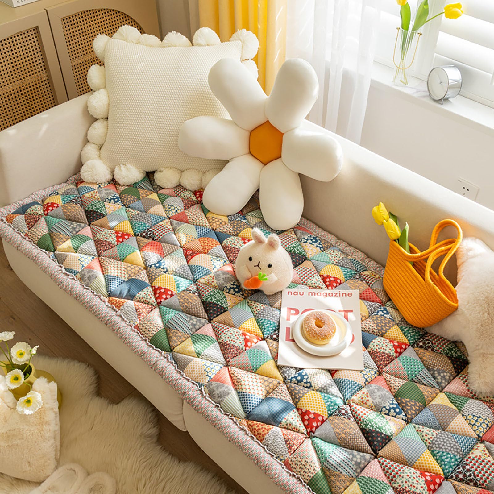 Housse de Protection for Canapé en Coton Garden Chic, Antidérapante Universelle Protège-canapé pour Chiens, Patchwork Housse de Canapé Tapis de Sol(70x210cm(27x83inch), A)