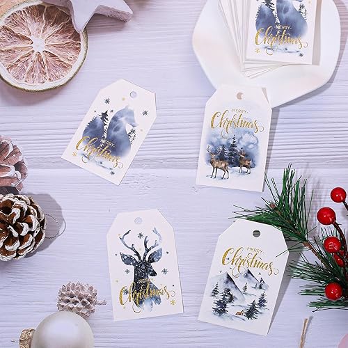 Miniatura 4 de AnyDesign - 120 etiquetas de regalo de papel de Navidad de acuarela azul con alce para árbol de Navidad, etiquetas colgantes con cuerdas de cáñamo,
