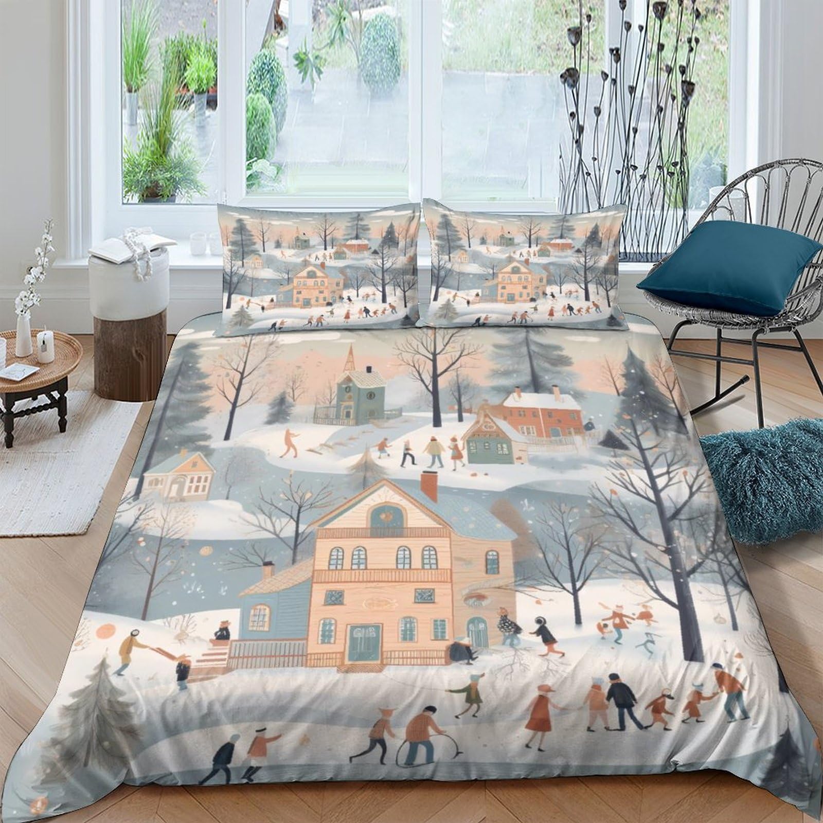 Ctjqhvkz Style-1 3D Printed Winter Village Fitted Sheet Microfiber Soft Breathable Snowy Landscape Bed Cover For Bedroom Dorm Home Decor Single（135X200cm）
