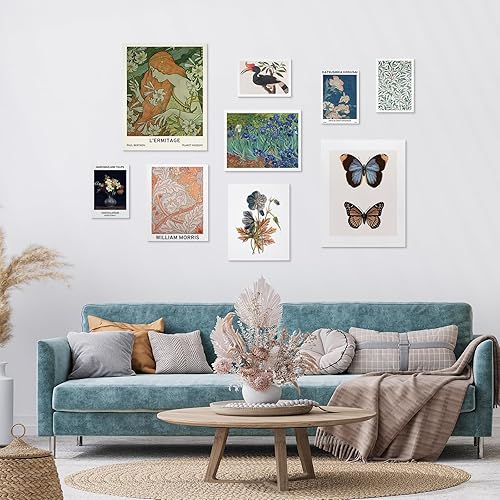 Miniatura 4 de ARPEOTCY 9 piezas de arte ecléctico de pared de 11 x 14 pulgadas, decoración de habitación, arte floral botánico de mariposa, arte de exposición