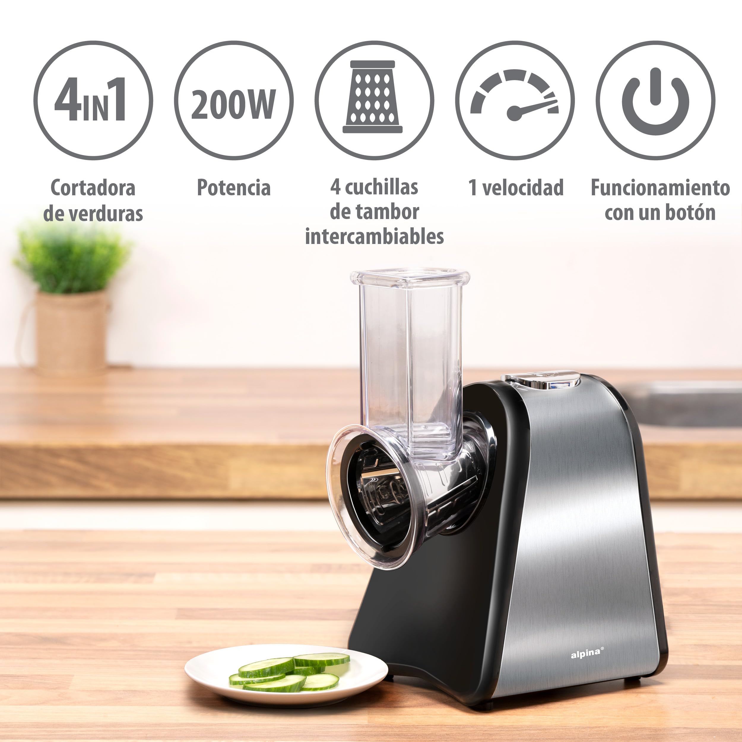 alpina Rallador de Verduras Electrico - Mandolina Electrico - Molinex con 4 Cuchillas de Tambor de Acero Inoxidable - Cortador de Verduras Multifuncional - Picadora de Verduras
