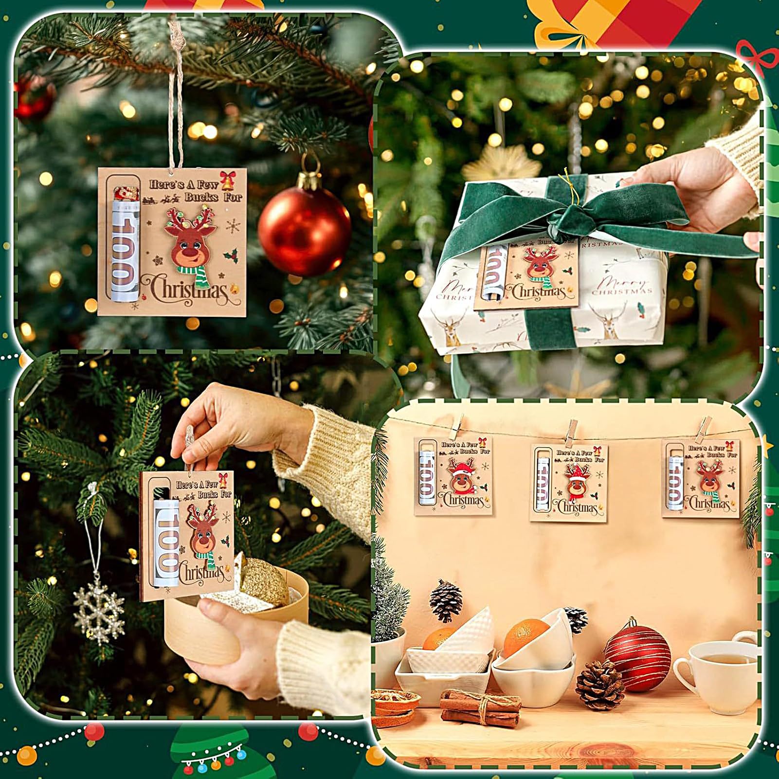Portasoldi Natalizi in Legno 3 Pezzi Ornamenti Decorativi a Clip per Denaro per Albero di Natale